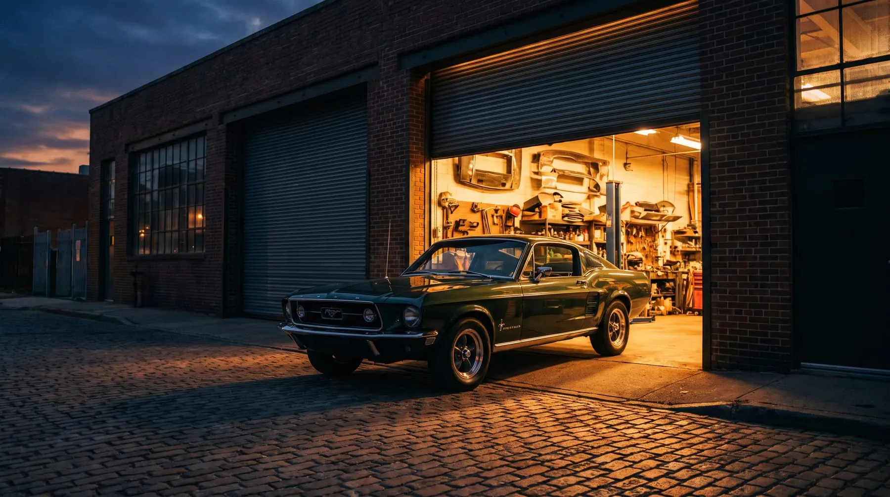 A finished restored classic Ford Mustang at the shop bay door at dusk