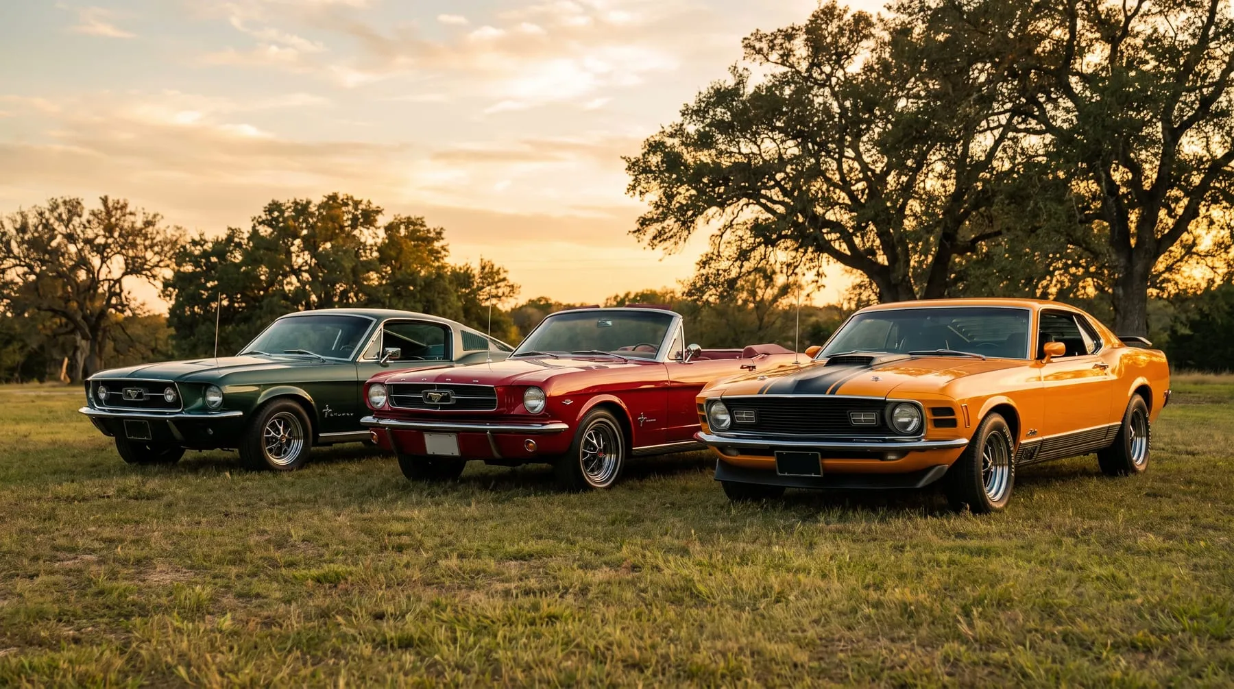 A lineup of finished, show-grade restored classic Ford Mustangs