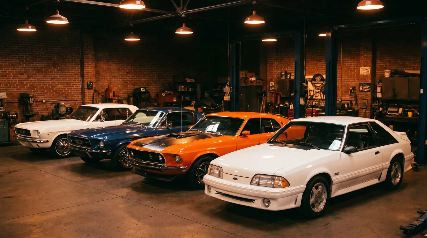 A lineup of restored classic Ford Mustangs across generations in the shop