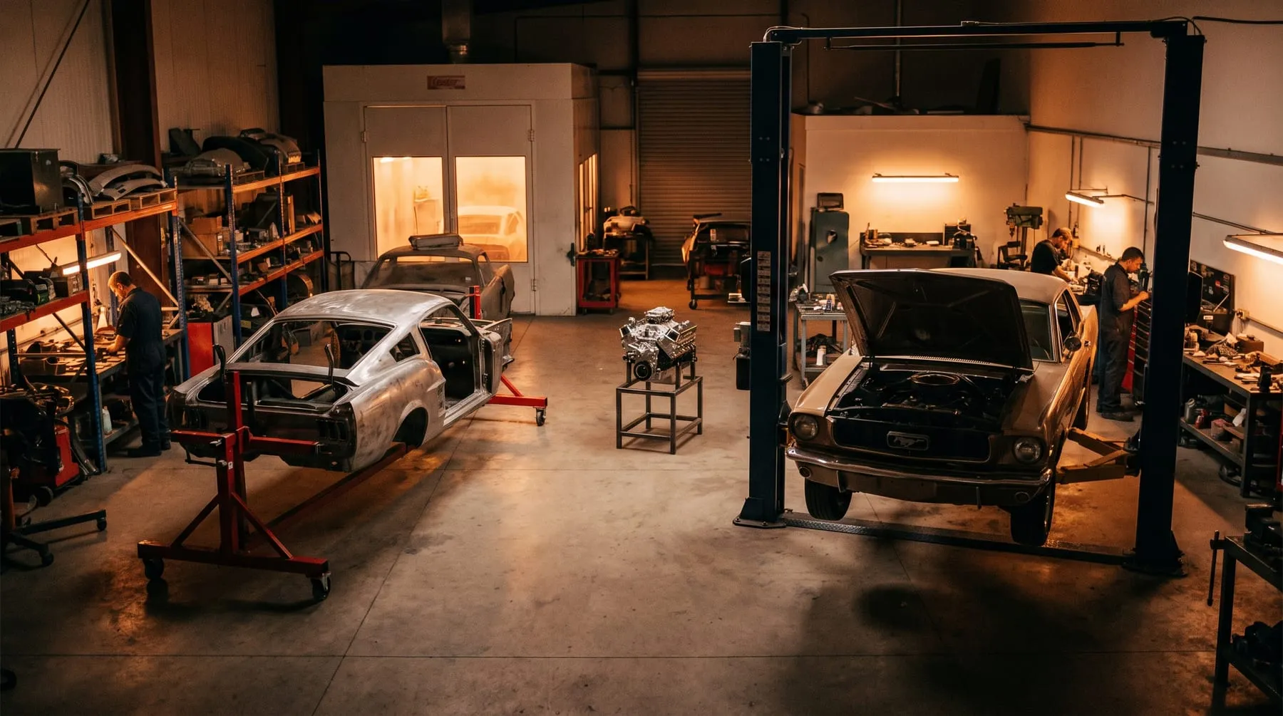 The Mustang Underground restoration shop floor with builds in progress