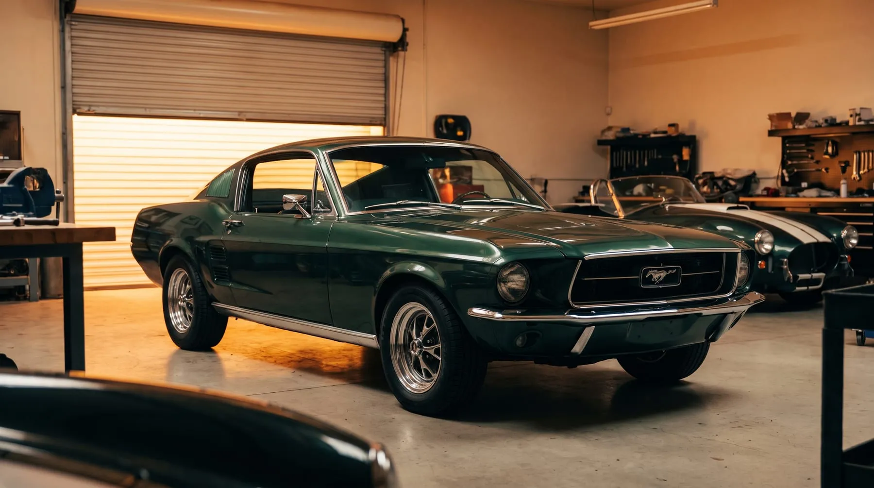 A show-grade restored 1967 Ford Mustang fastback in the Mustang Underground shop